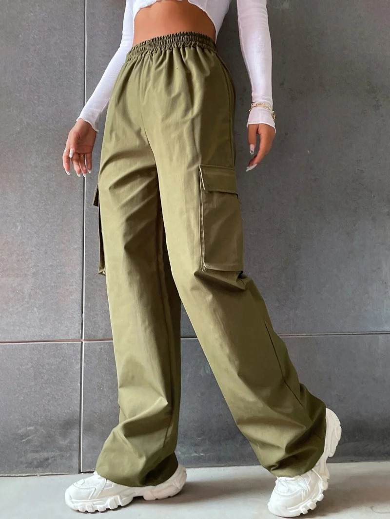Y2K Solid Ripped Baggy Pants Fashion Women Pocket Elastic Waist Retro Straight Sweatpant Casual Streetwear Cargo Trousers 251027