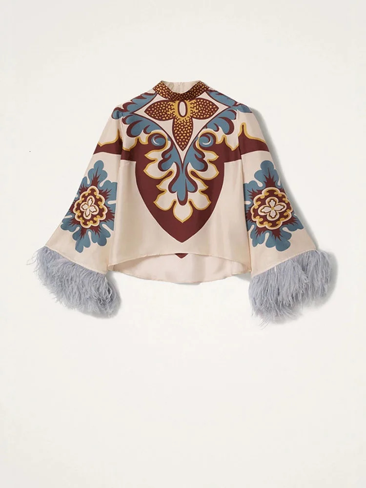 Tassel Splicing Bohemian Holiday Suit Spring Autumn Pattern Printed Loose Outfit Womens Oneck Long sleeved Top and Pants Set 251027