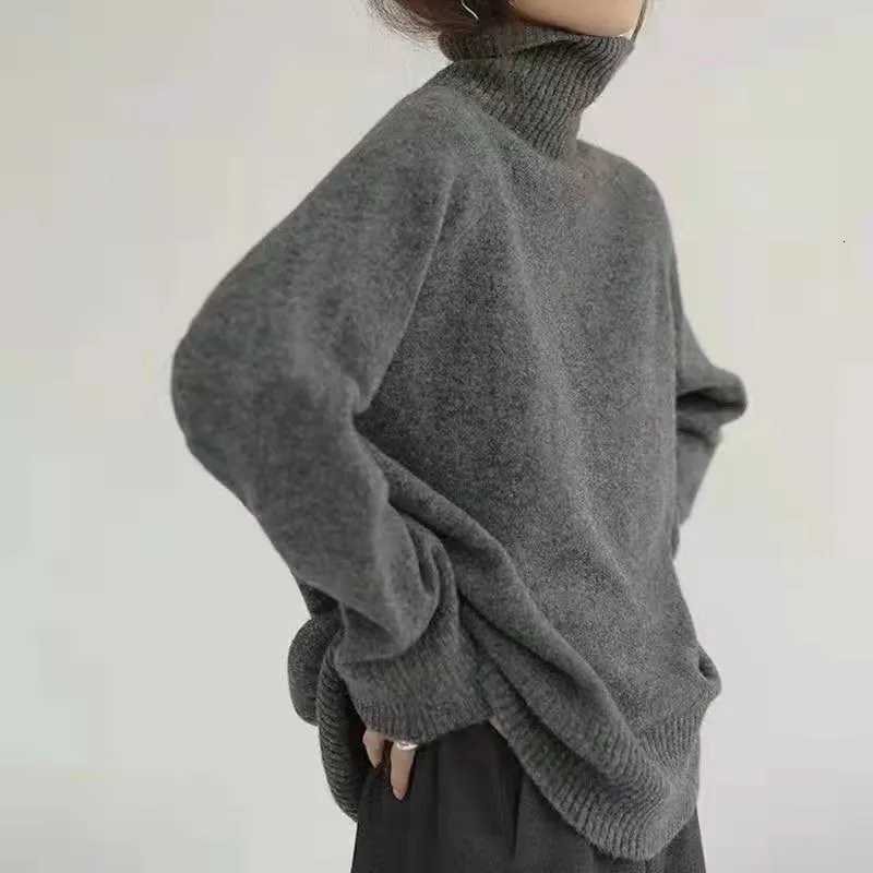 High necked sweater women thick and loose fitting French top knitted bottom sweater autumn and winterT251027