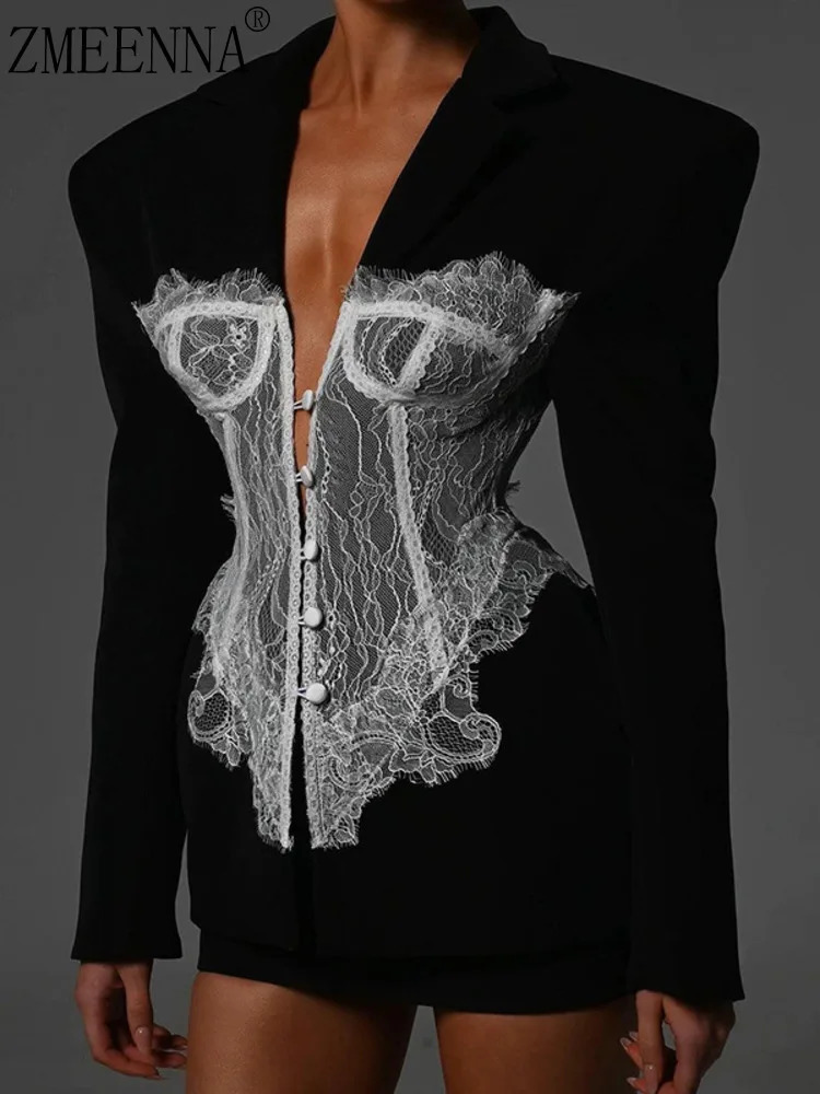 ZMEENNA Spring Womens Black Blazer With Delicate White Lace Corset Overlay Structured Shoulders ZM954 251027