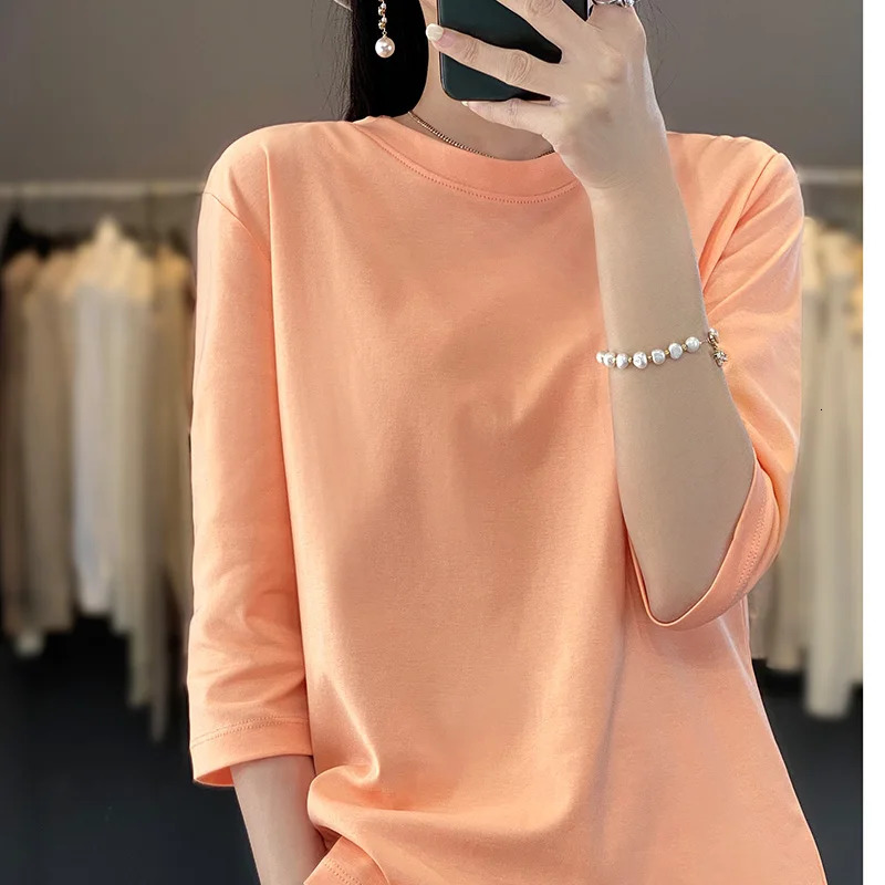 Mercerized Cotton Cropped Sleeve Female Spring And Summer Round Neck Loose 100 Cotton Short Sleeve Bottoming TShirt 251027