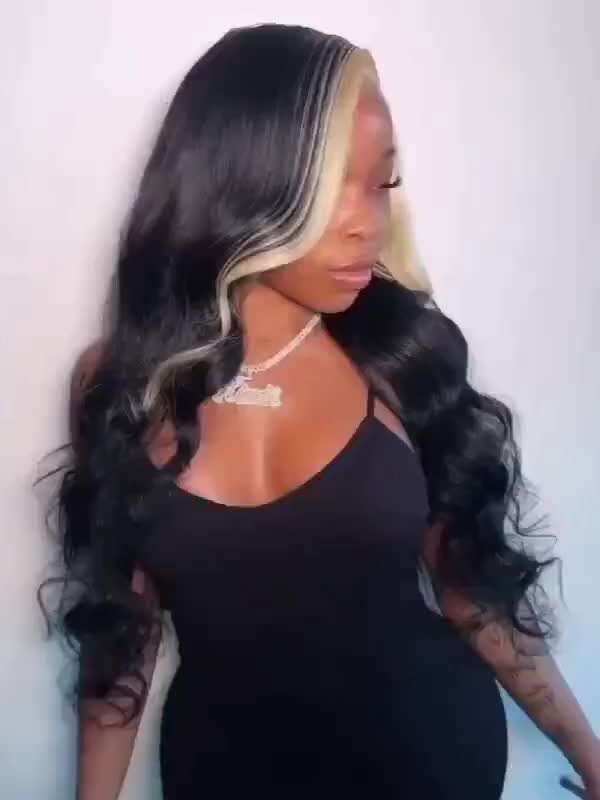 13X4 Fashionable Black Wig With White Highlights Women's Body Wave Synthetic 24 Inches - Perfect For Daily Wear, Work, Vacation, Party, Christmas