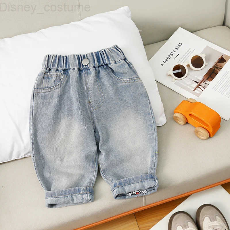 Disney Cartoon Mickey Embroidery Boys Jeans Autumn New Elastic Waist Loose Denim Pants Korean Casual Versatile Kids Trousers H251027