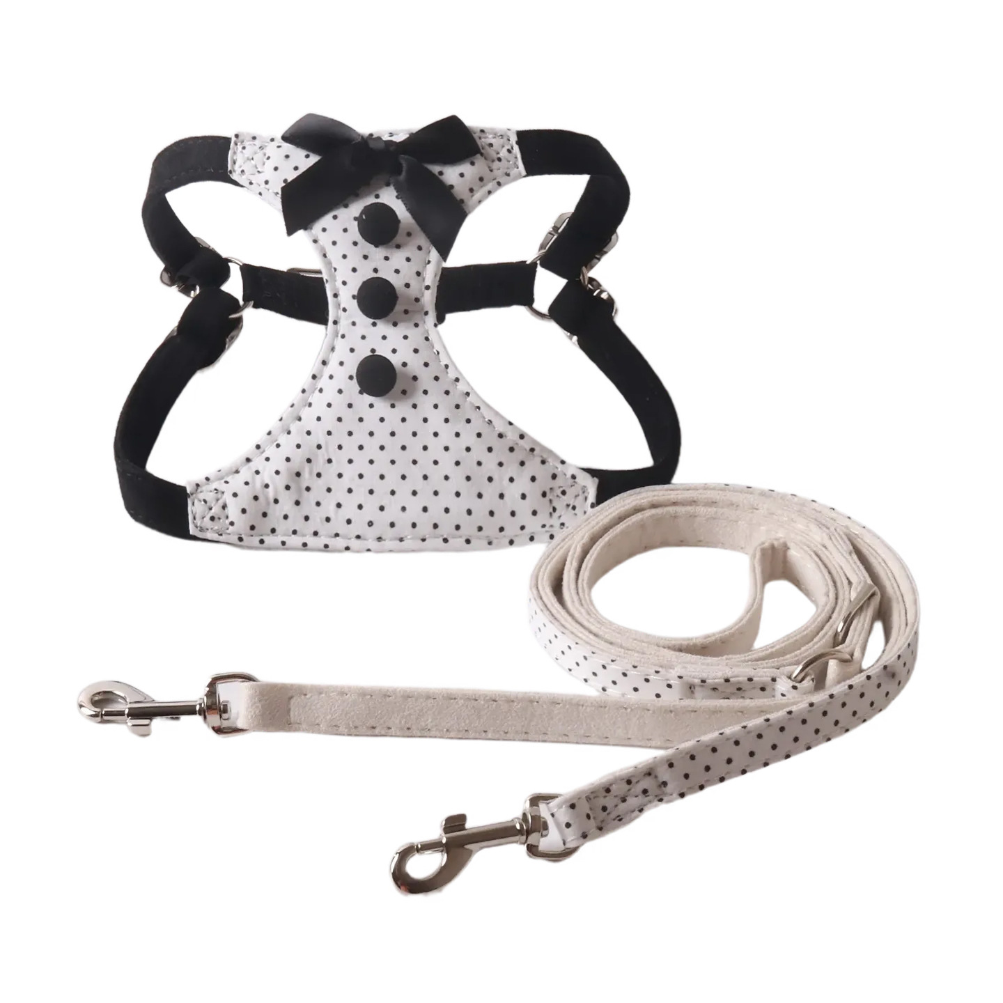 Polka Dot Pet Harness and Leash Set - Stylish Bow and Button Design, Adjustable Soft Harness, Fashionable Walking Set for Small Dogs B157
