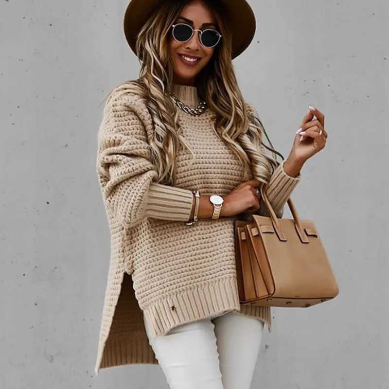 2025 New Loose Split Knitted Long Sleeve Thick Sweater Half High Neck Korean Fashion Pullover Autumn Winter Black Women ClothesT251027