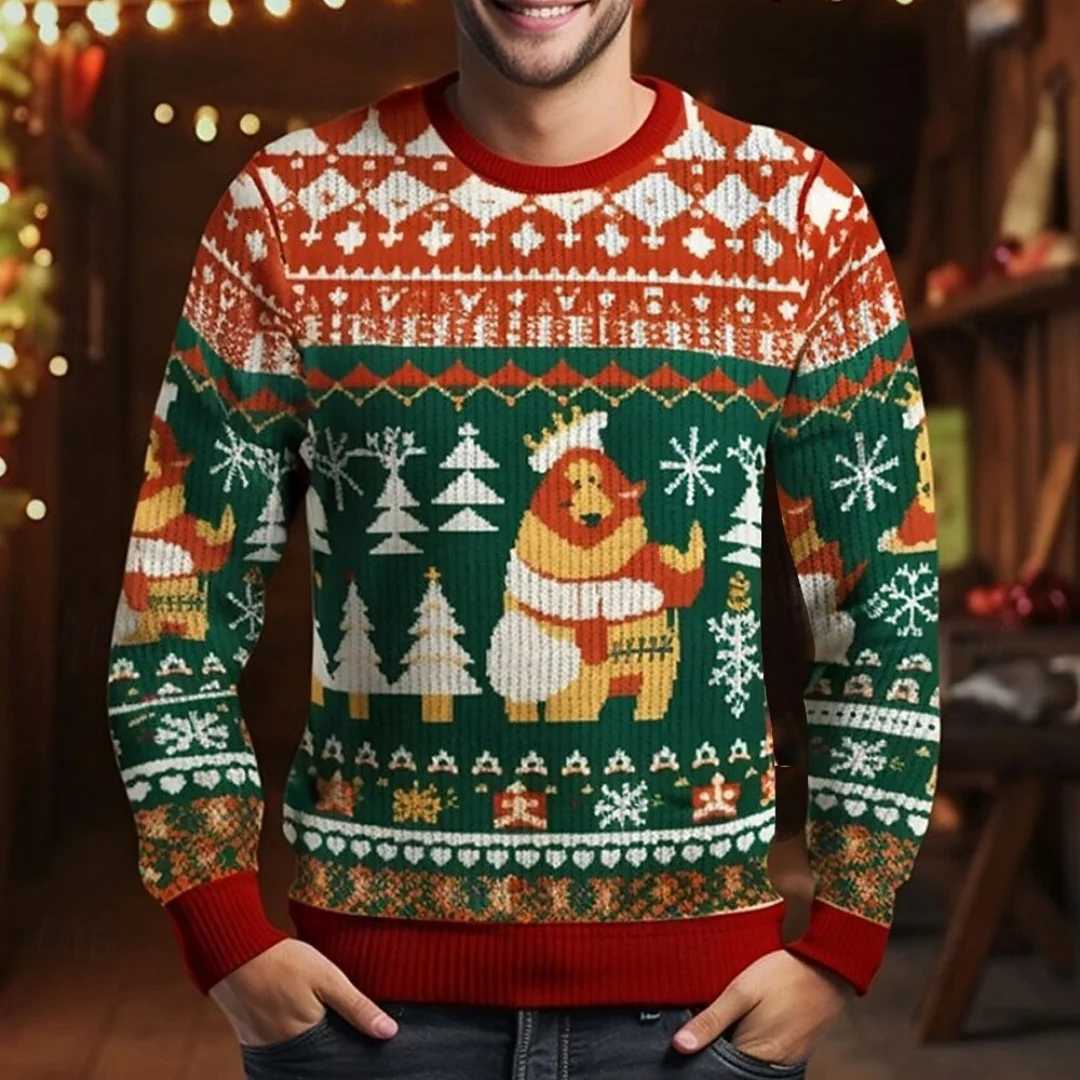 Mens Fashionable Christmas Casual Knitted Slim Fit Sweatshirt Unisex Xmas Deer Design Round Neck Pullover Top for Winter Season W251027