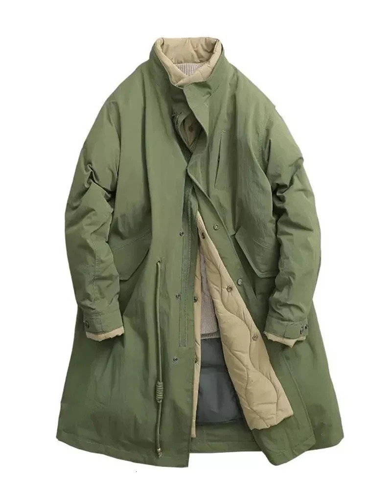 Cotton Padded Parka Army Green Vintage Two Piece Stand Collar Long Jacket Women Drawstring Big Pocket Coat 251027