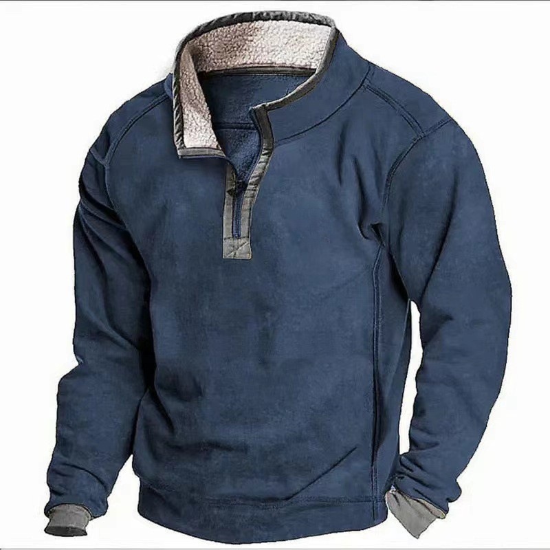 Men's Hoodie Solid Color Men's Casual Hoodie Stand-Collar Placket Zip-Up Fleece-Lined Hoodie Men's Autumn & Winter Top