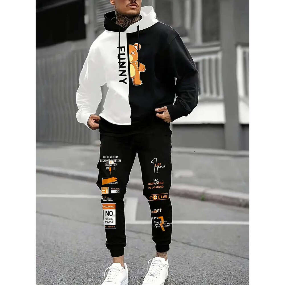 Autumn Winter American Style Hooded 3D Digital Print Sweatshirt Sweatpants Jacket Men's Trendy Hoodie Sports Set Men