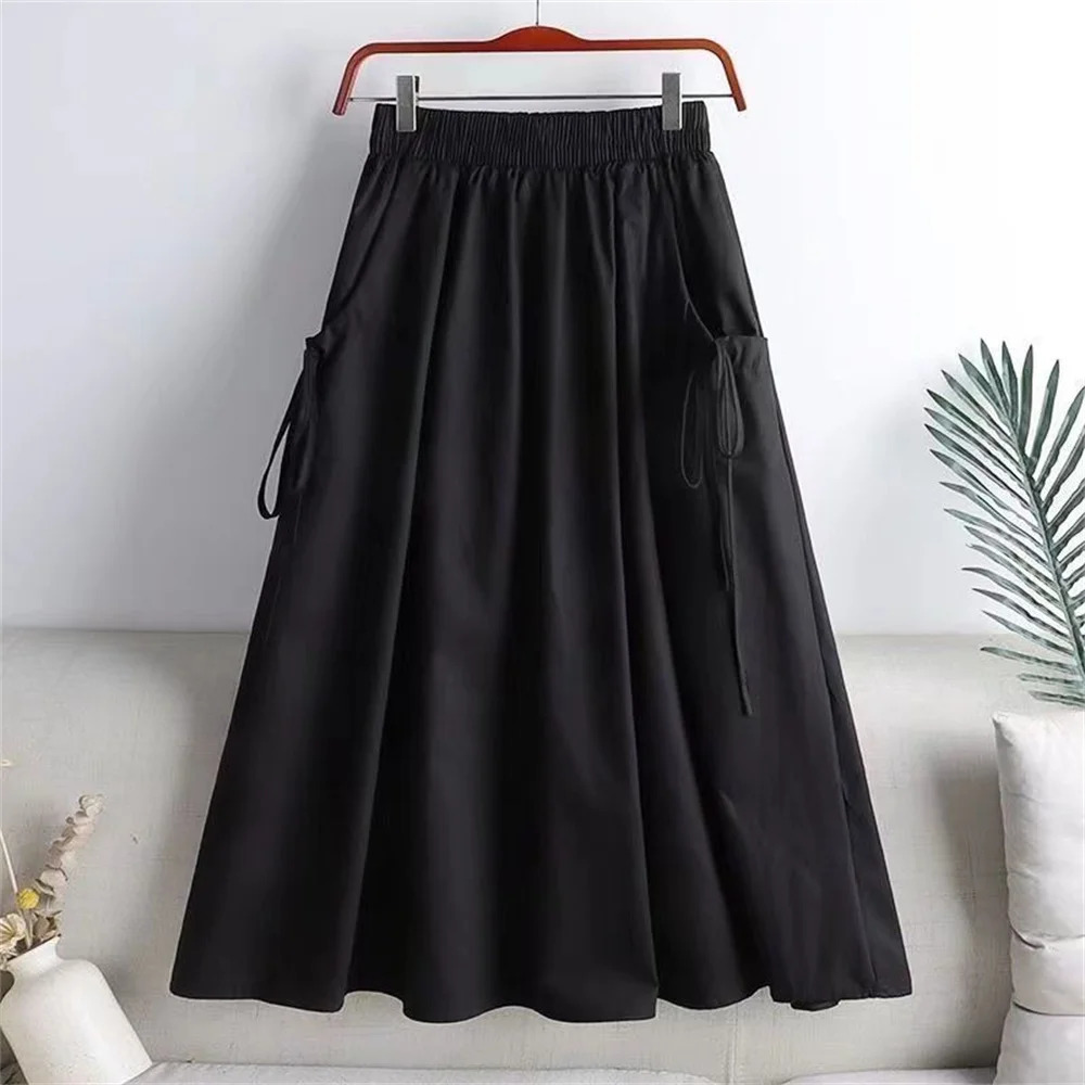 Spring Summer Elegant Womens Skirt Elastic High Waist All Match Fashion Long Skirts Women Vintage Pockets Lady 251027