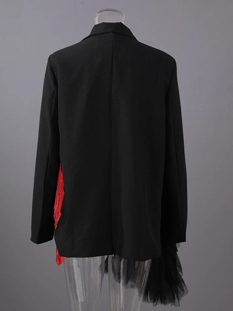 EAM Women Black Mesh Irregular Fish Spliced Big Size Blazer Lapel Long Sleeve Jacket Fashion Spring Autumn CPG2902 251027