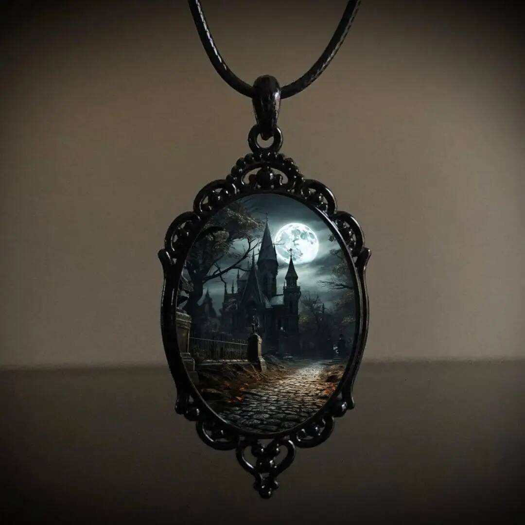 Gothic Cameo Necklace,Vintage Crystal Glass Witch Pendant Punk Style Mystery Necklace Goth Victorian