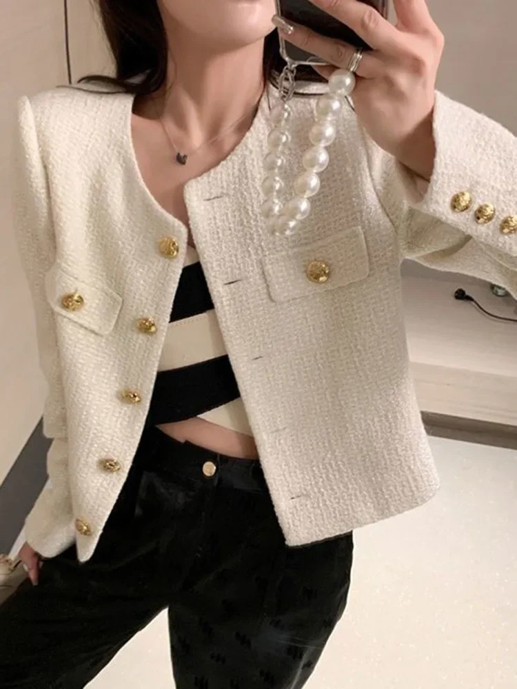 Simple Solid England Tweed Jacket Women Elegant Buttons Long Sleeve Sweet Coat Casual O Neck Fashion Loose Fall Winter Top 251027