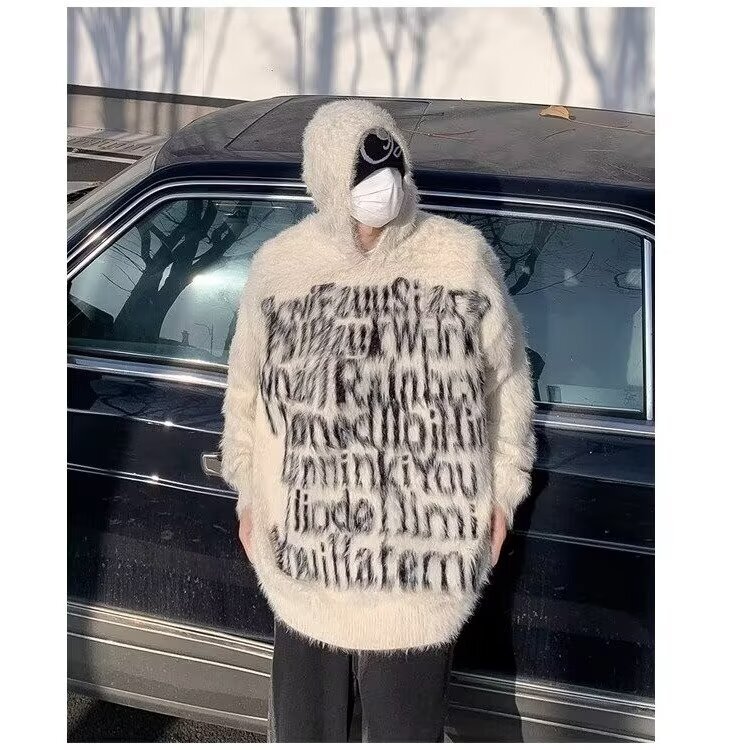 Mink Velvet Letter Jacquard Hooded Designer Sweater Sweater Men's Autumn And Winter New High Street Loose Casual Couple Knitwear Trendy Brand