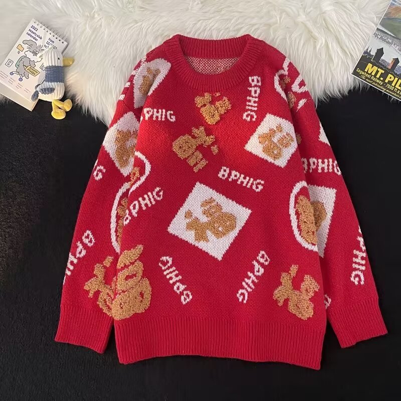 Red Festive Sweater With 'fu' Character For Men And Women Loose And Designer Sweater Lazy Style Knitted Top For Winter