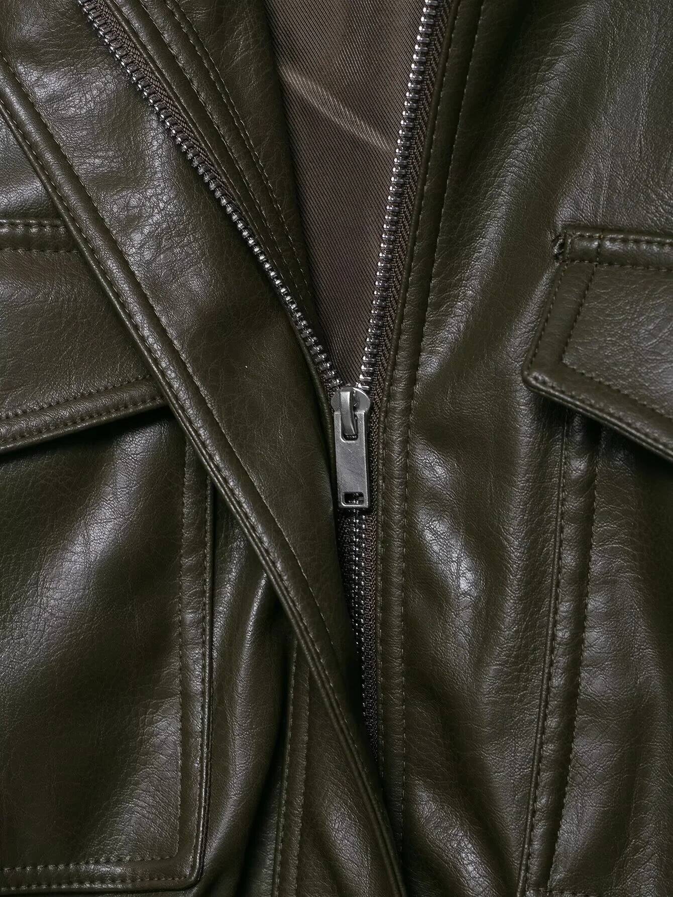 winter jacket women PB&ZA2025 autumn new women's casual fashion simple versatile shiny imitation leather stand collar long sleeve short jacket