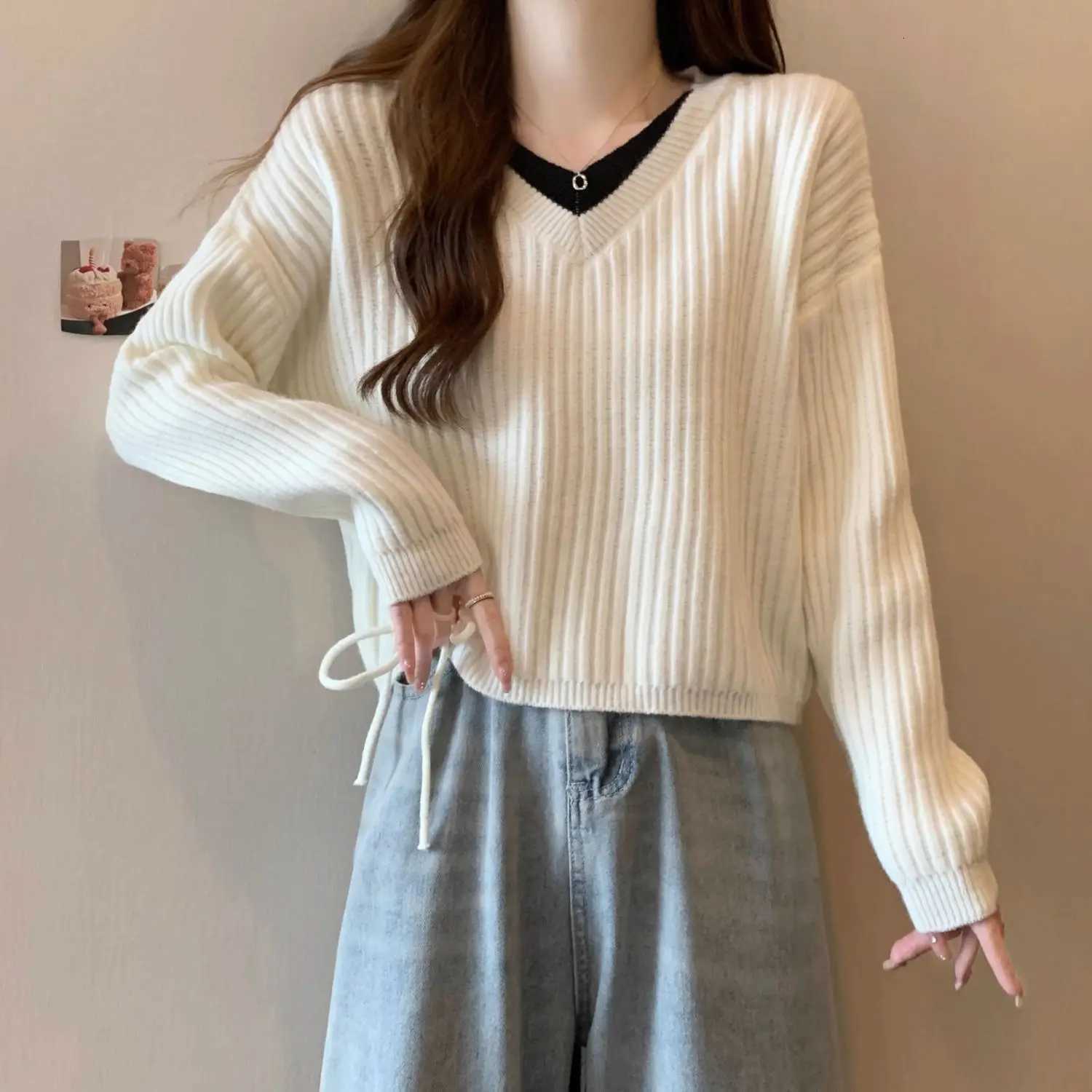 Knitted Sweater Womens 2025 New Autumn Winter Fashion Versatile Slimming Vneck Long Sleeved Fake Twopiece Drawstring SweaterT251027