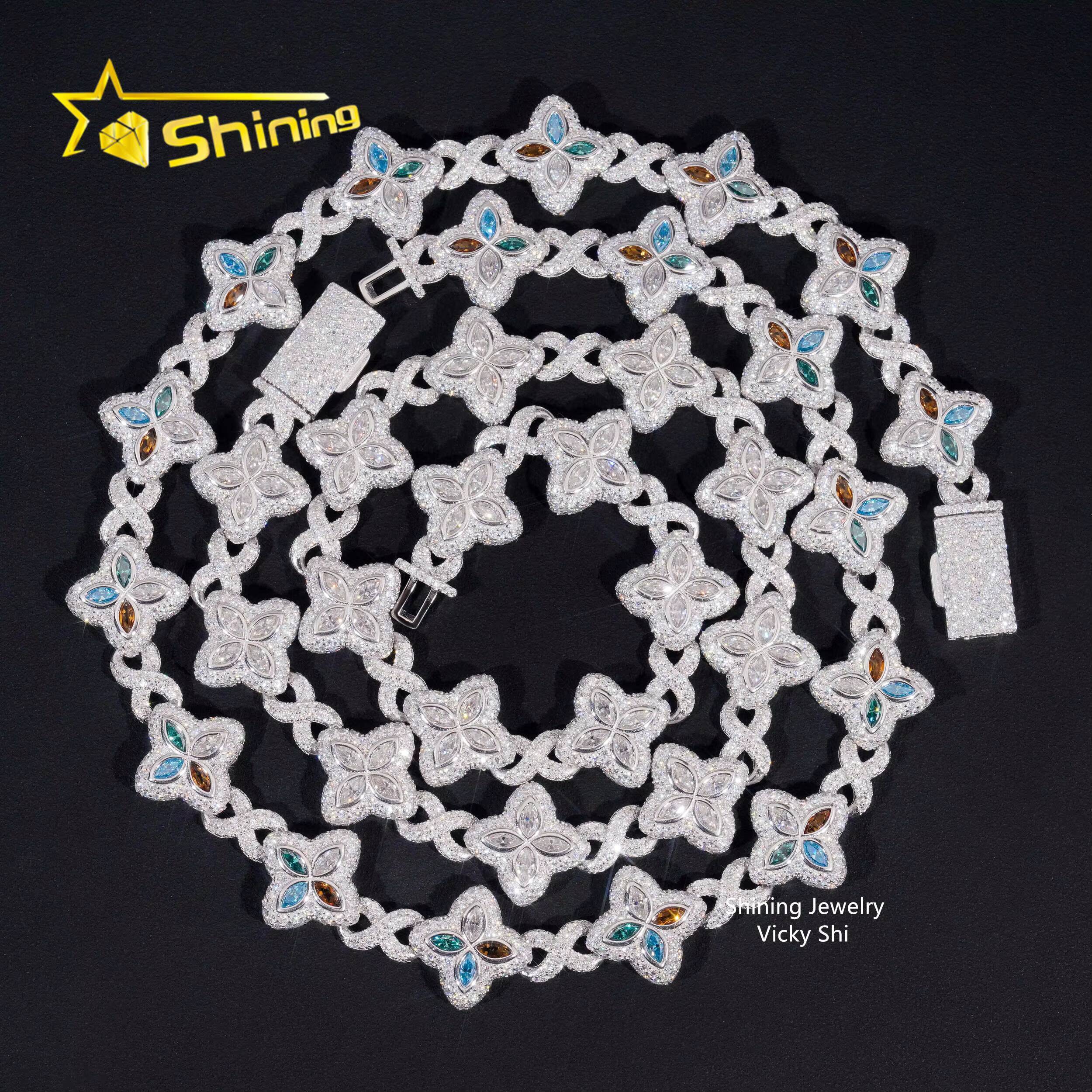 Rapper Hip Hop Jewelry Iced Out Moissanite Necklace 925 Silver Colored Four Leaf Clover VVS Moissanite Cuban Link Chain