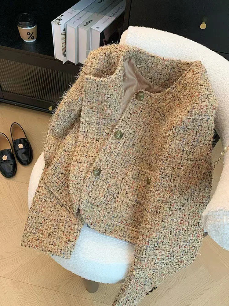 Vintage Tweed Jacket Women Korean Elegant Single Breasted O Neck Crop Coats Y2K Autumn Office Lady Casual Outwear 251027