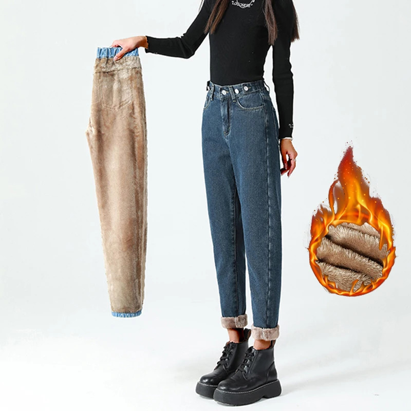 Winter Female High Waist Fashion Grunge Thicken Jeans Girls Y2k Clothes Thermal Harem Pants Women Streetwear Black Blue Trousers 251027