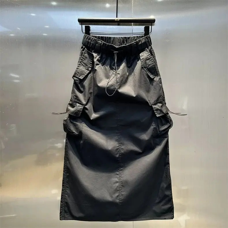Women Y2k Cargo Long Skirt High Waist Drawstring Maxi Ruched Vintage Split Elastic with Pockets 251027