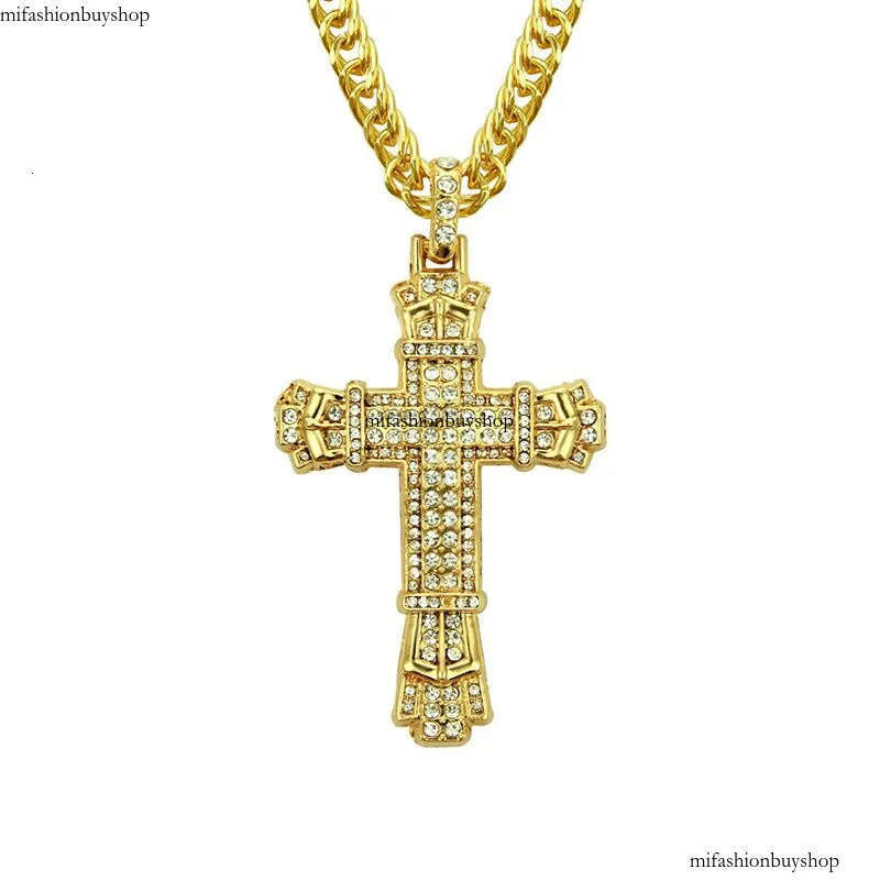 Hip Hop Cross Pendant Religious Charm Gold Sier Full Ice Out Crystal Neckalce Simulated Dias Catholic Crucifix Necklace With Cuban Chain Jewelry aaa