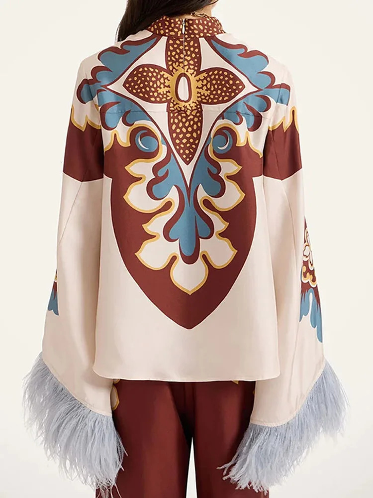 Tassel Splicing Bohemian Holiday Suit Spring Autumn Pattern Printed Loose Outfit Womens Oneck Long sleeved Top and Pants Set 251027