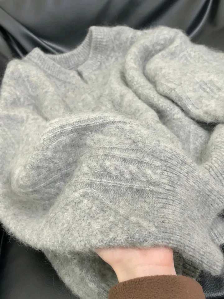 Grey V Neck Knitted Sweaters Women Autumn Korean Loose Lazy Style Casual Jumpers Y2K Fashion Winter Warm Simple Pullovers MujerT251027