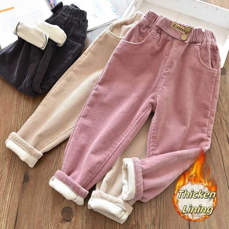 Winter Kids Corduroy Pants Thicken Fleece Lining Solid Color Warm Loose Trousers for 27Y Boys and GirlsT251027