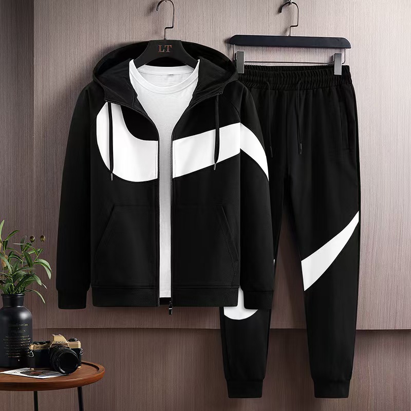 Sports suit men's autumn and winter new youth fashion loose hooded plus velvet padded suit men's fashion men's wear.