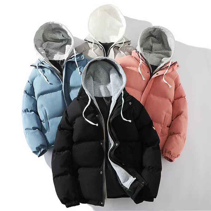 In autumn and winter, hooded cotton-padded clothes couple Hong Kong wind fashion trend fake two thick cotton-padded jacket warm coat students.