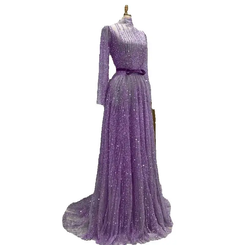 Real Photo Evening Dress Full Sleeve Prom Gowns O-Neck Beads 3D-Lace Satin Sexy Prom Dress vestidos de novia Size Customized Robes De Mariee L252817