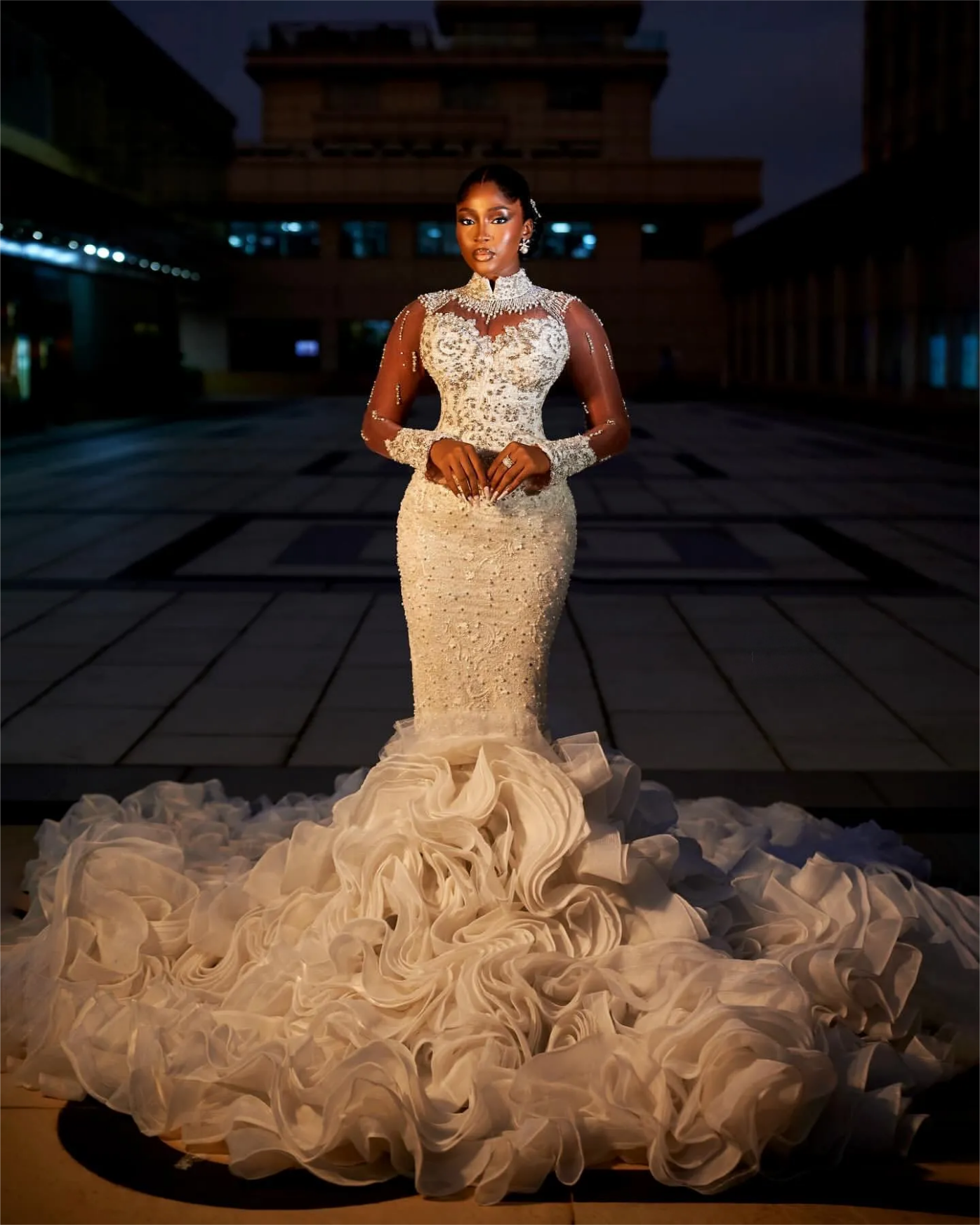 Arabic Aso Ebi Plus Size Mermaid Wedding Dress in Ivory with Beaded Crystals Lace Full Sleeves and Vintage Style