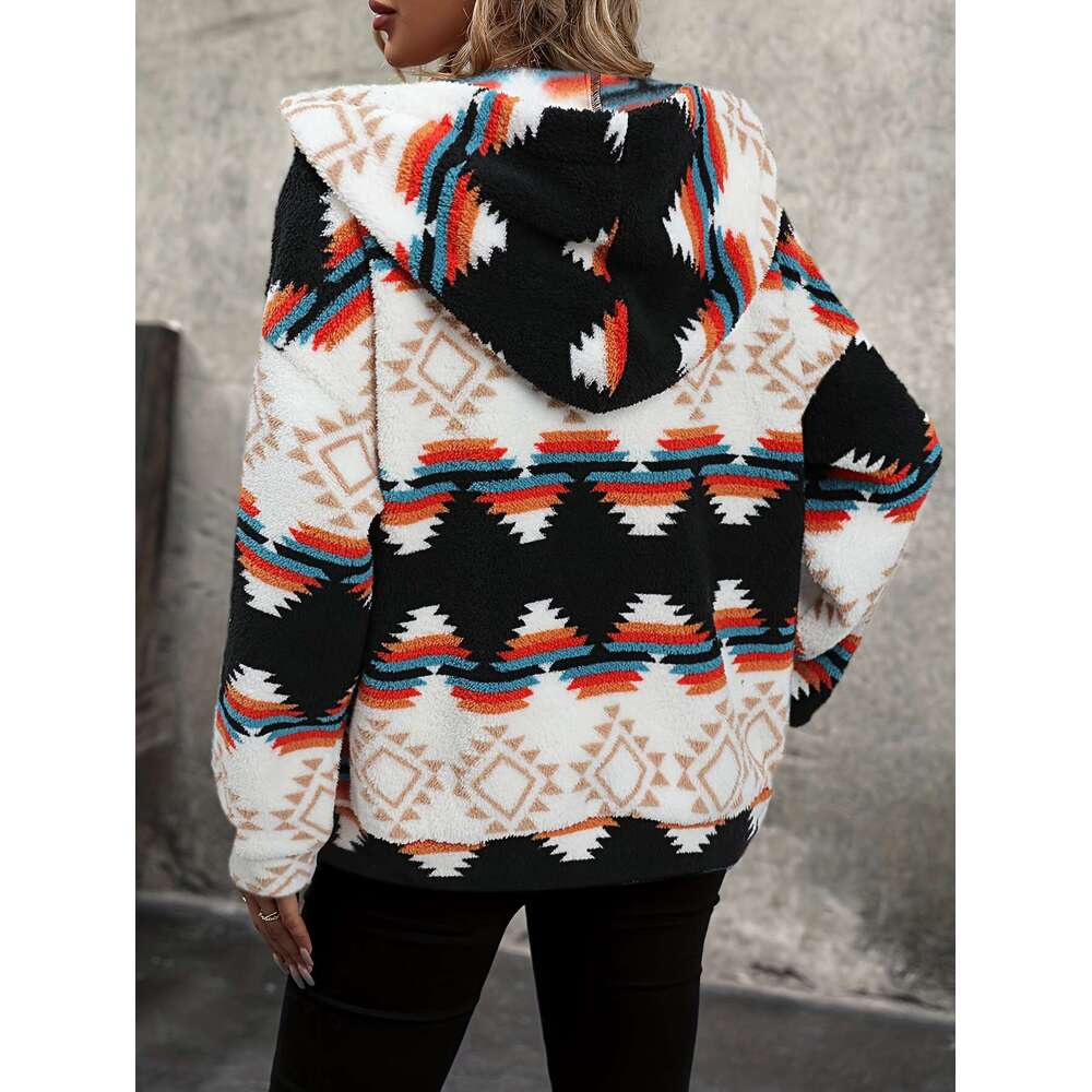 SPECHIR Women's Elegant Geometric Print Hooded Jacket - Hine Washable Zipper Front Casual Coat For Fall/Winter, Black/White/Orange/Teal/Gray, Mid