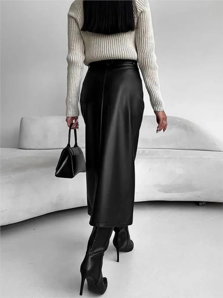 Leather Skirt High Waist Women Front Slit Spring Autumn Long Waisted Office Lady Slim Skirts Elegant Ropa De Mujer 251027
