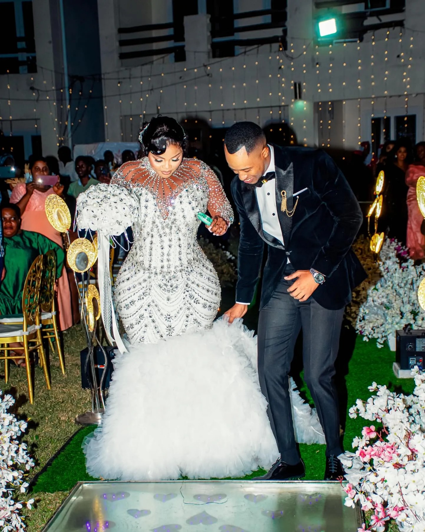 Arabic Aso Ebi Plus Size Mermaid Wedding Dress in Ivory with Luxurious Beaded Crystals Full Sleeves and Tulle Tiers