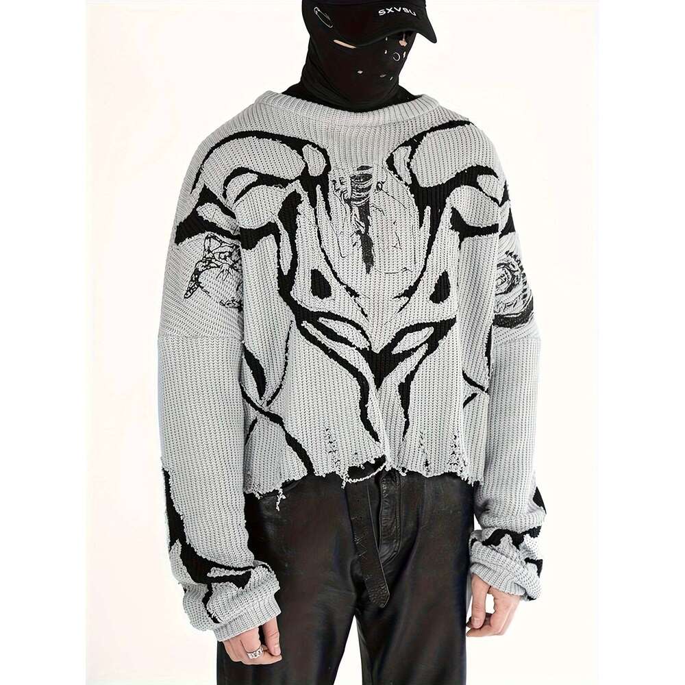 Graphic Pattern Knit Ripped Sweater, Casual Long Sleeve Pullover Sweater For Fall & Winter, Women's Clothing