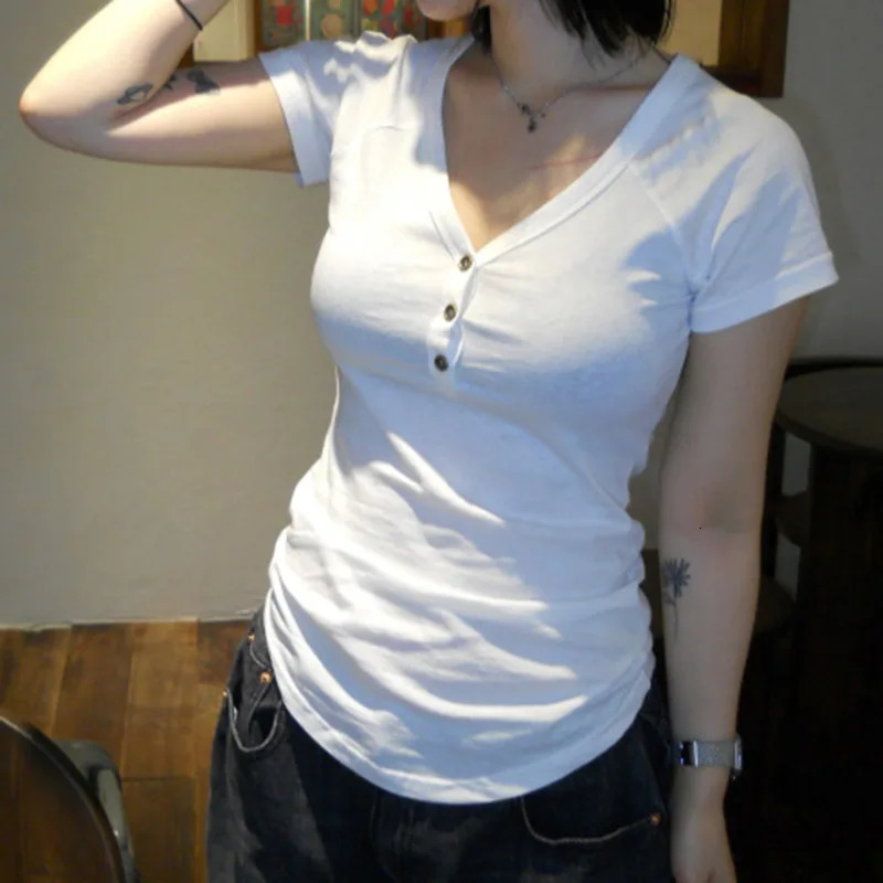 Goth Dark Casual Women Short Sleeve Striped Tshirts Y2K Fashion Vneck Buttonup TShirt Egirl Slim Basic Tops Mall Goth Cloth 251027