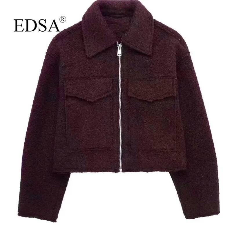 winter jacket women EDSA Women Solid Bomber Jacket with Flap Pockets Front Zipper Lapel Autumn Winter Casual Cropped Outerwear