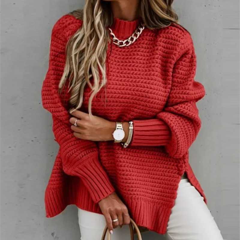 2025 New Loose Split Knitted Long Sleeve Thick Sweater Half High Neck Korean Fashion Pullover Autumn Winter Black Women ClothesT251027