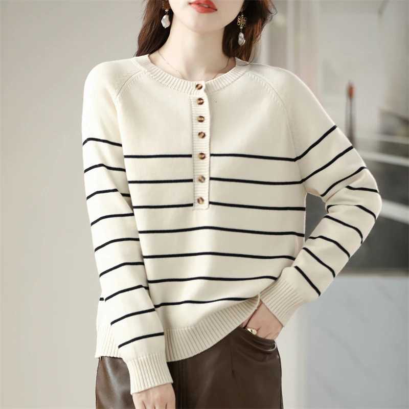 Womens LongSleeve Pullover Striped Sweater Pure Cotton Autumn Winter Warm Comfortable Casual KnitwearGH553T251027