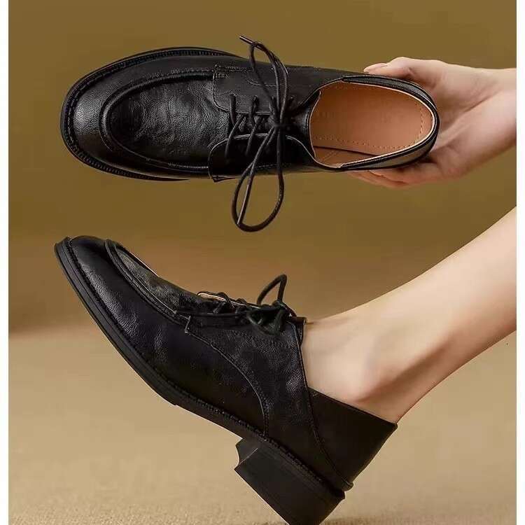 Genuine Leather Chunky Heel British Thick Sole 2024 Autumn Lace-up Black Commuter Shoes College Style Women's Loafers