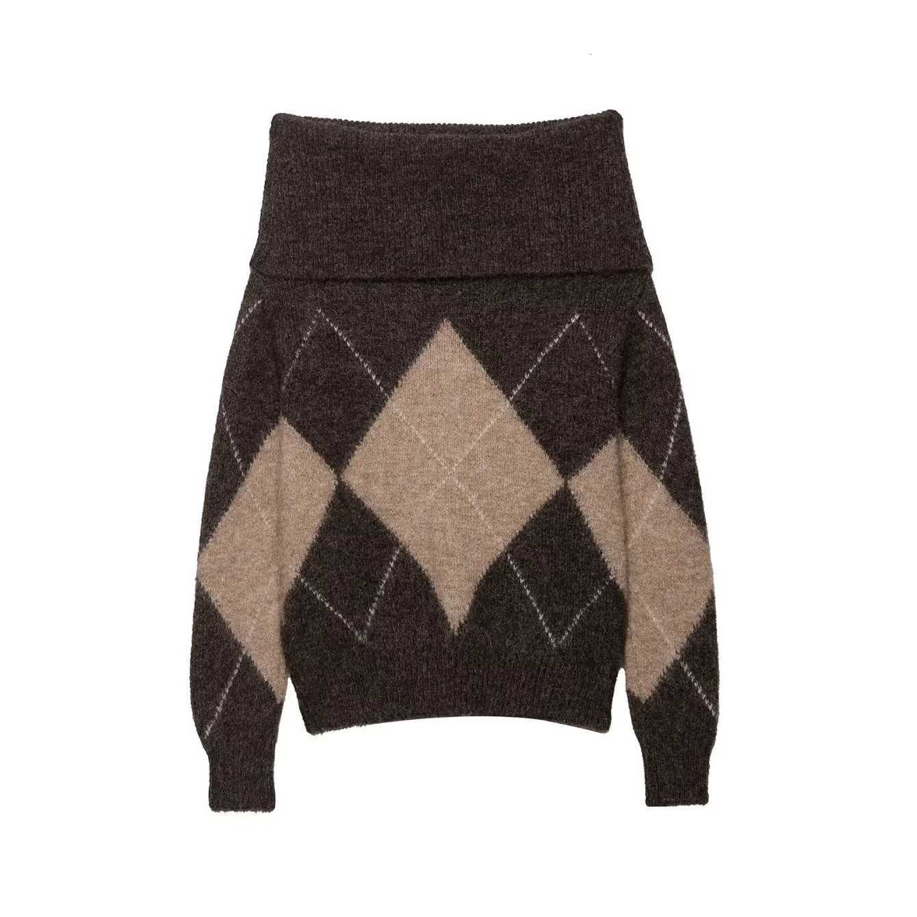 Autumn Womens Knitted Sweater Off Shoulder Fashion Argyle Womens Sweaters Temperament Slash Neck Knitted Pullovers ClothingT251027