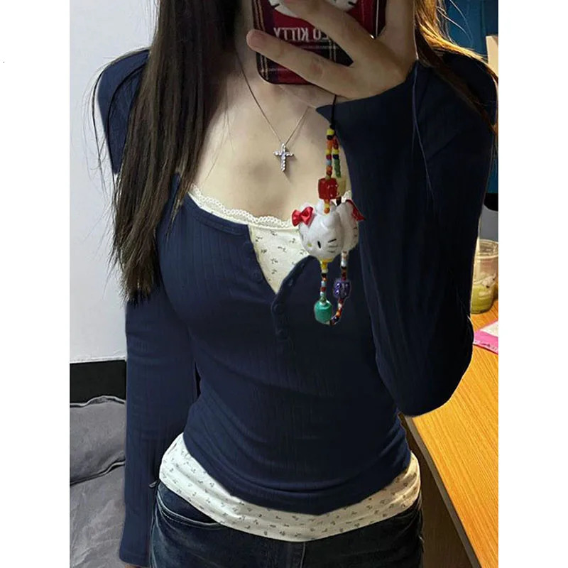 Xpqbb Women Streetwear Two Pieces Tshirt Y2k Aesthetic Grunge Patchwork Lace Tees Female Fall Winter Slim Bottoming Tops 251027