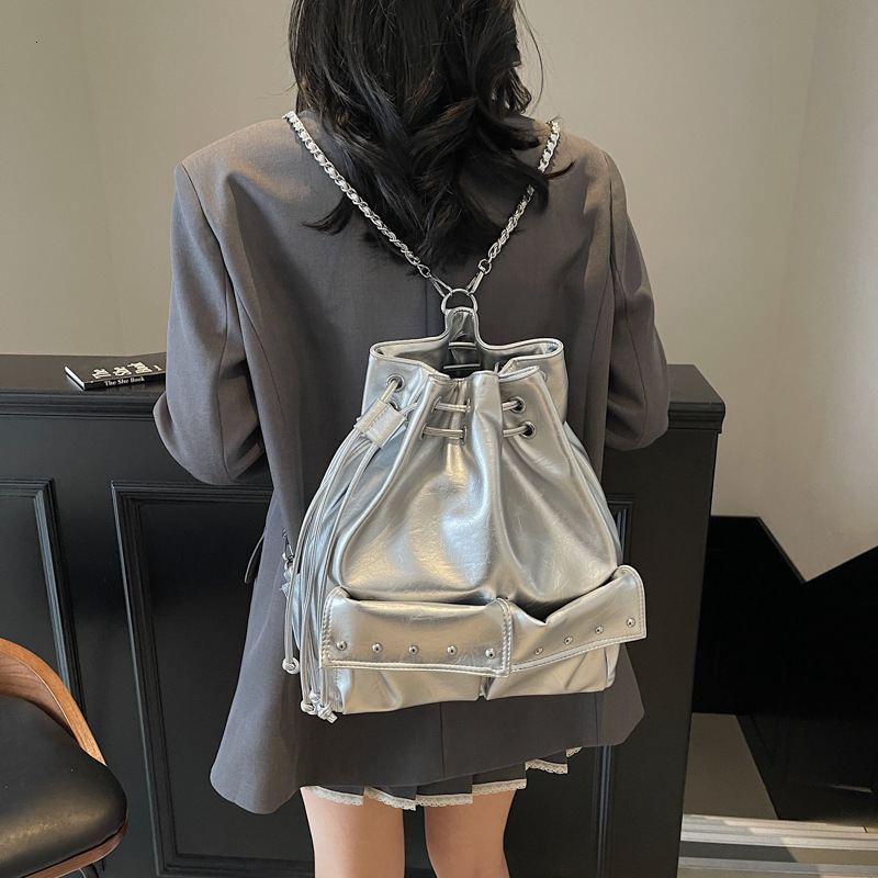 Free shipping designer bag Casual Motorcycle Style Commuter Large Capacity Backpack New Fashion Chain Double Shoulder Bag Casual Bucket Bag