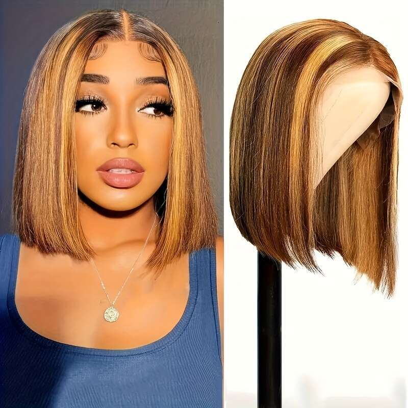 200% Density Glueless Closure With Baby Straight Bob 5X1 HD Lace Wigs Mixed Brown & Blonde Human Hair Bleached Invisible Bye Knots Wig Pre Plucked