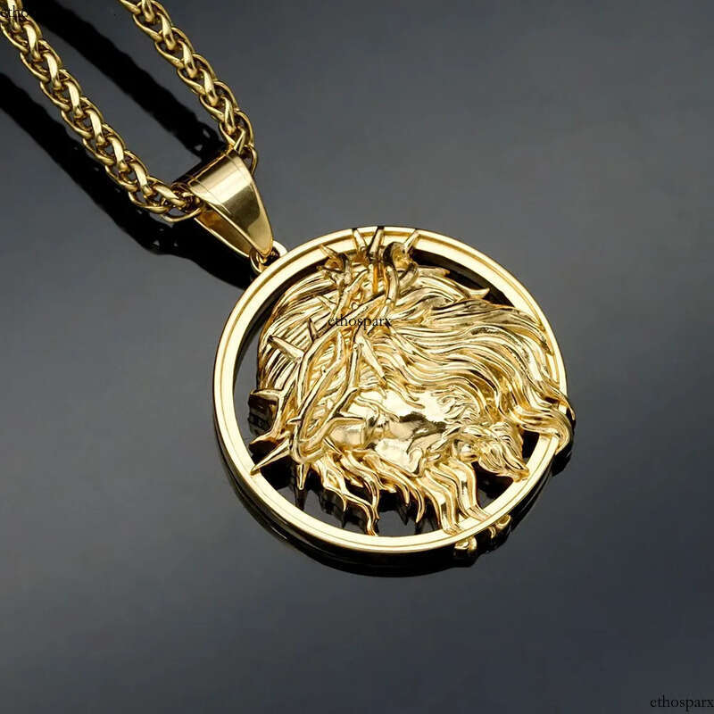 Stainless Steel Jesus Face Pendant Necklace Gold Plated Men Religious Jewelry