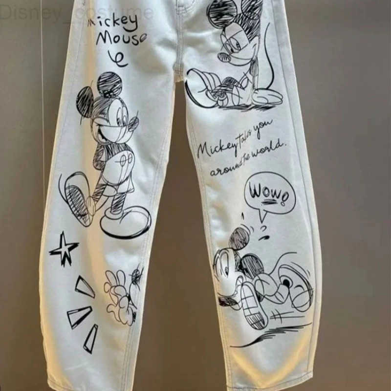 Disney Cute cartoon Mickey girls spring and autumn fashion simple casual and versatile creative embroidery straight leg jeans H251027