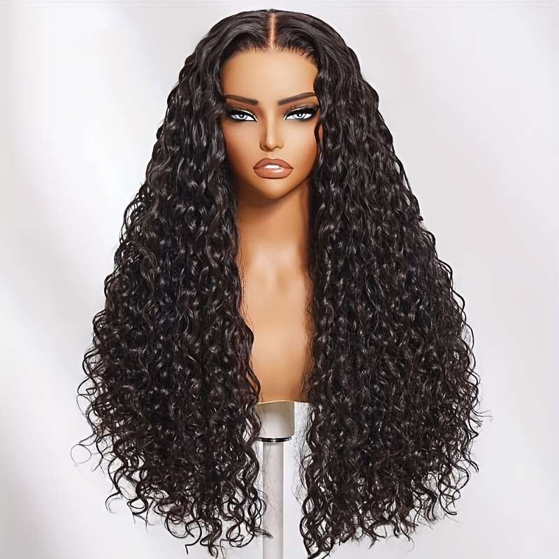 Klaiyi 13X4 Water Wave With Drawstring Pre Everything Human Hair Lace Frontal Put On And Go Glueless Wig