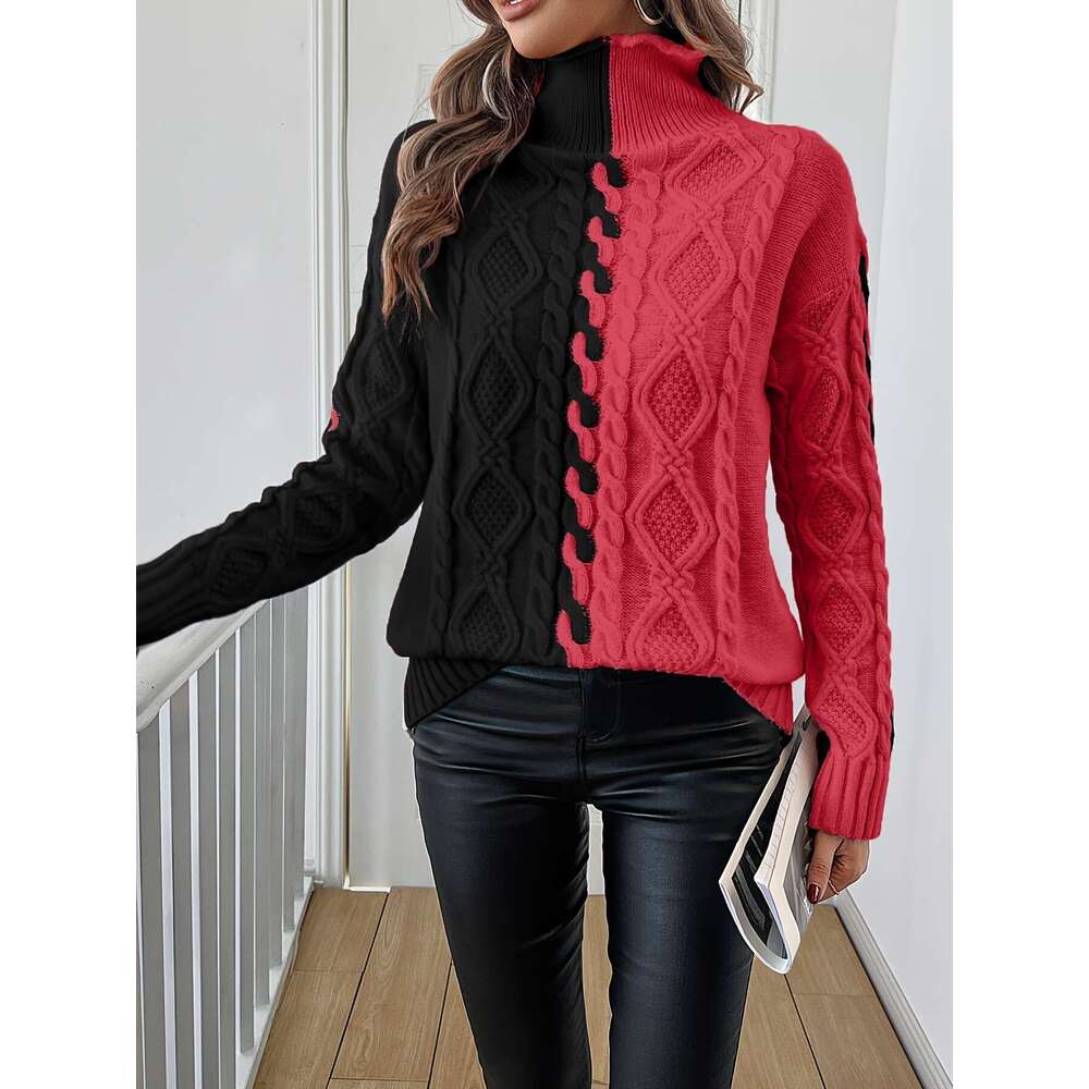 Elegant High-Neck Blouse With Vertical Stripes & Color-Blocking - Soft Stretch Long Sleeve Top, Winter Warmth, Non- Fabric For Fall/Winter Layering Of